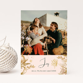 Boho Gold Floral Joy Roze Verticale Foto Kerstmis Feestdagenkaart