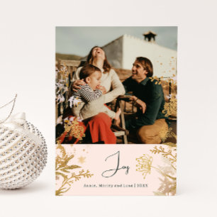 Boho Gold Floral Joy Roze Verticale Foto Kerstmis Feestdagenkaart