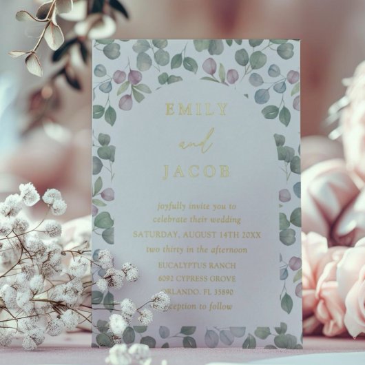 Boho Gold Foil and Eucalyptus Wedding Folie Uitnodiging