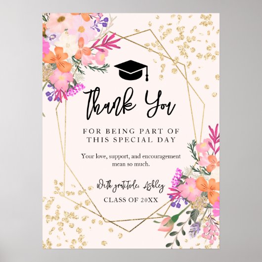 Boho Gold Glitter Bloemen Roze Afstuderen Bedankt Poster (Voorkant)