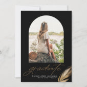 Boho Gold Glitter Feather Black Foto Afstuderen Aankondiging (Voorkant)