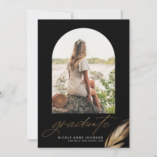 Boho Gold Glitter Feather Black Foto Afstuderen Aankondiging (Voorkant)