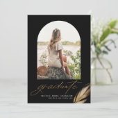 Boho Gold Glitter Feather Black Foto Afstuderen Aankondiging (Staand voorkant)