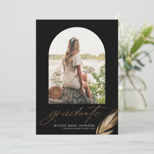 Boho Gold Glitter Feather Black Foto Afstuderen Aankondiging (Staand voorkant)