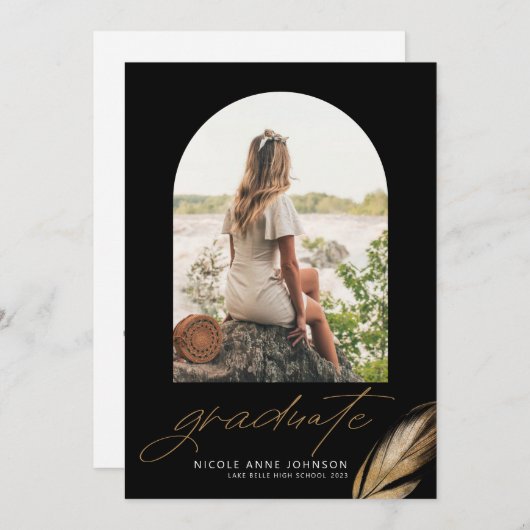 Boho Gold Glitter Feather Black Foto Afstuderen Aankondiging (Voorkant / Achterkant)