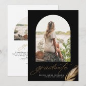 Boho Gold Glitter Feather Black Foto Afstuderen Aankondiging (Voorkant / Achterkant)