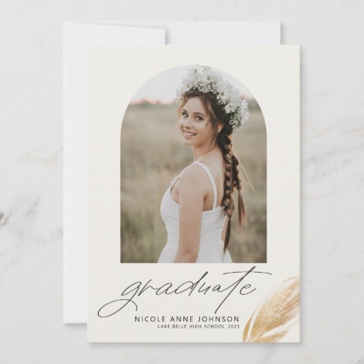 Boho Gold Glitter Feather Photo Afstuderen Aankondiging (Voorkant)