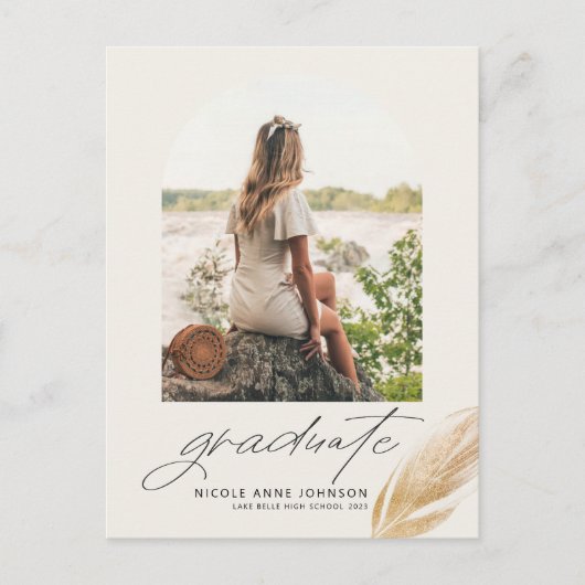 Boho Gold Glitter Feather Photo Afstuderen Aankondigingskaart (Voorkant)