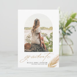 Boho Gold Glitter Feather White Photo Afstuderen Aankondiging