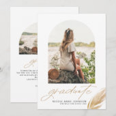 Boho Gold Glitter Feather White Photo Afstuderen Aankondiging (Voorkant / Achterkant)