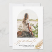 Boho Gold Glitter Feather White Photo Afstuderen Aankondiging (Voorkant)