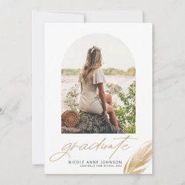 Boho Gold Glitter Feather White Photo Afstuderen Aankondiging