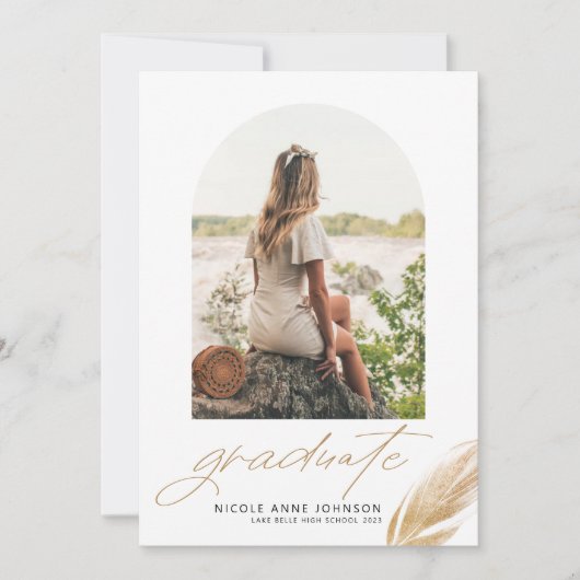 Boho Gold Glitter Feather White Photo Afstuderen Aankondiging (Voorkant)