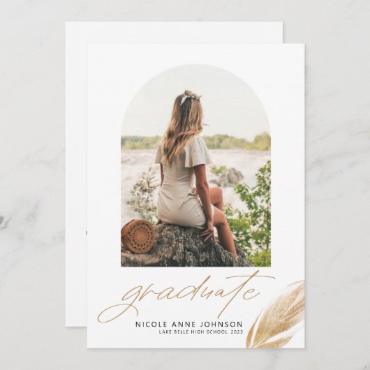 Boho Gold Glitter Feather White Photo Afstuderen Aankondiging (Voorkant / Achterkant)