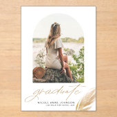 Boho Gold Glitter Feather White Photo Afstuderen Acryl Uitnodigingen (Voorkant)