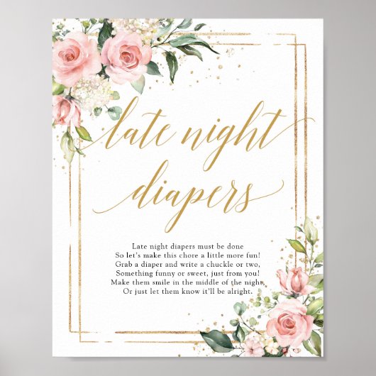 Boho gold glitter floral late night diapers sign poster (Voorkant)