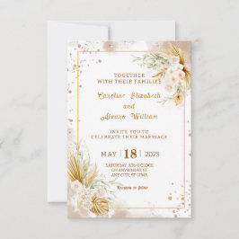Boho Gold Glitter Pampas Grass & Orchid Wedding  Kaart