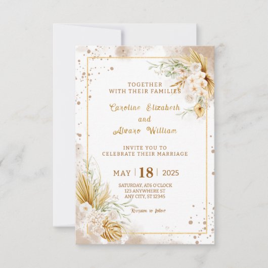 Boho Gold Glitter Pampas Grass & Orchid Wedding  Kaart (Voorkant)
