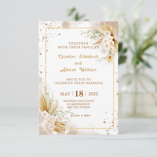 Boho Gold Glitter Pampas Grass & Orchid Wedding  Kaart (Staand voorkant)