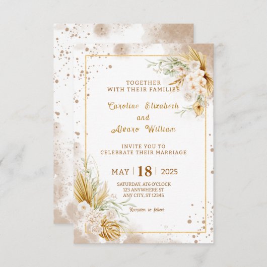Boho Gold Glitter Pampas Grass & Orchid Wedding  Kaart (Voorkant / Achterkant)
