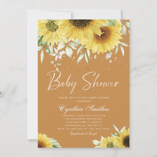Boho Gold Glitter Sunflower Floral Baby shower Kaart (Voorkant)