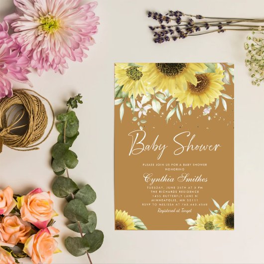 Boho Gold Glitter Sunflower Floral Baby shower Kaart