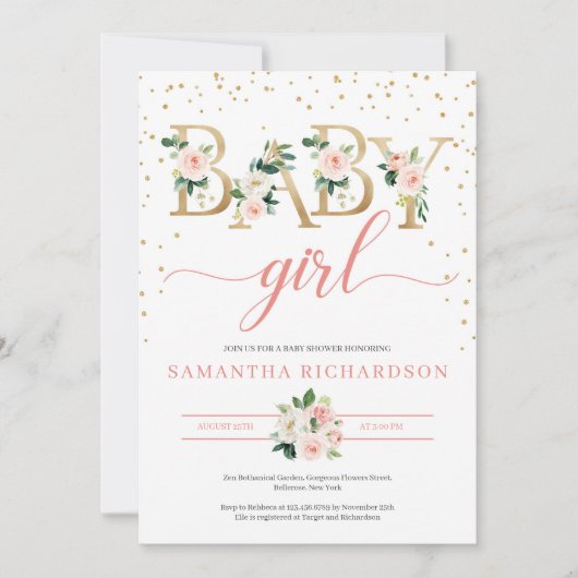 Boho Gold Letters Baby shower Invitation Blush Kaart (Voorkant)