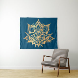 Boho Gold Lotus Flower Mandala Art Blue Wandkleed