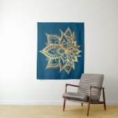Boho Gold Lotus Flower Mandala Art Blue Wandkleed (In situ)