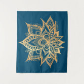 Boho Gold Lotus Flower Mandala Art Blue Wandkleed (Voorkant)