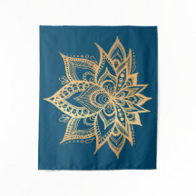 Boho Gold Lotus Flower Mandala Art Blue