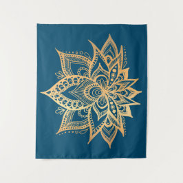 Boho Gold Lotus Flower Mandala Art Blue Wandkleed