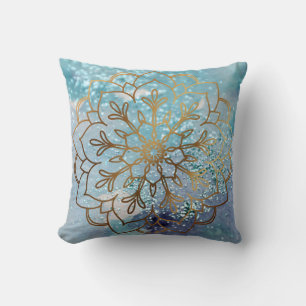 Boho Gold Mandala Patroon Blauwgroen Waterverf Gli Kussen