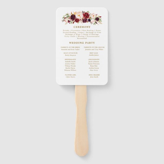 Boho Gold Marsala Bloemen Trouwprogramma Fans Handwaaier (Achterkant)