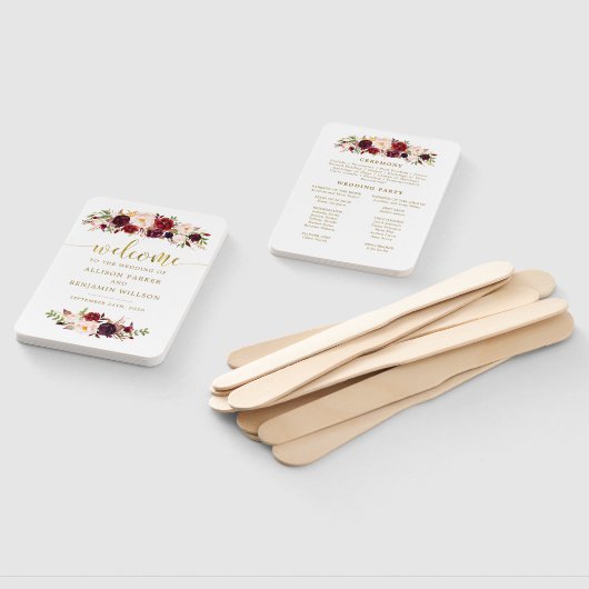 Boho Gold Marsala Bloemen Trouwprogramma Fans Handwaaier (Niet-gemonteerd)