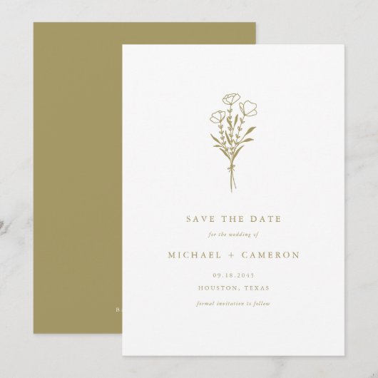 Boho Gold Minimalist Botanisch Boeket Save The Date (Voorkant / Achterkant)