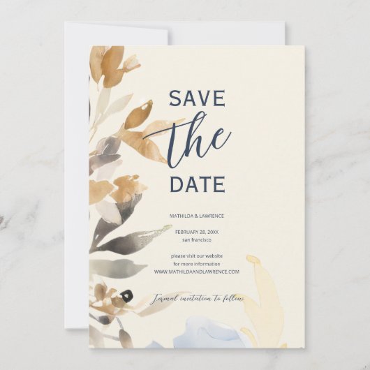 Boho Gold Navy Blue Winter Bloemen Huwelijk Save The Date (Voorkant)