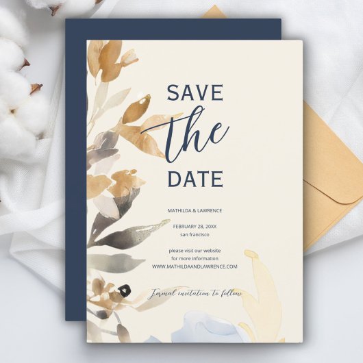 Boho Gold Navy Blue Winter Bloemen Huwelijk Save The Date