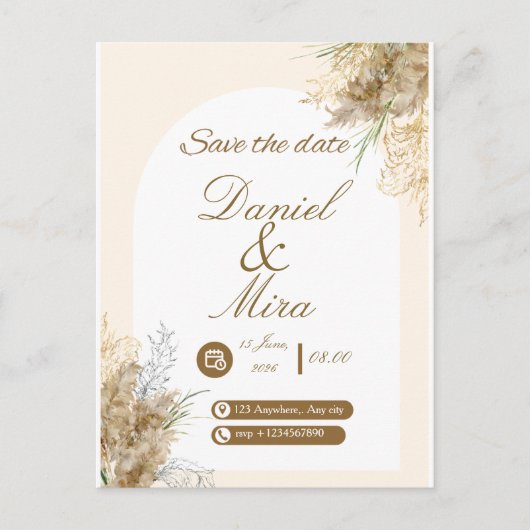 Boho Gold Pampas Arch Fully Editable Wedding  Uitnodiging Briefkaart (Voorkant)