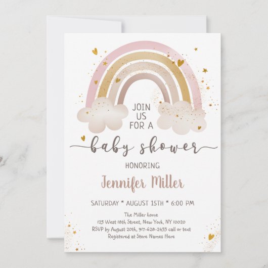 Boho Gold Rainbow Clouds Baby Shower Kaart (Voorkant)