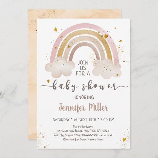 Boho Gold Rainbow Clouds Baby Shower Kaart (Voorkant / Achterkant)