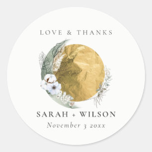 Boho Gold Saga Green Floral Wreath Wedding Bedankt Ronde Sticker
