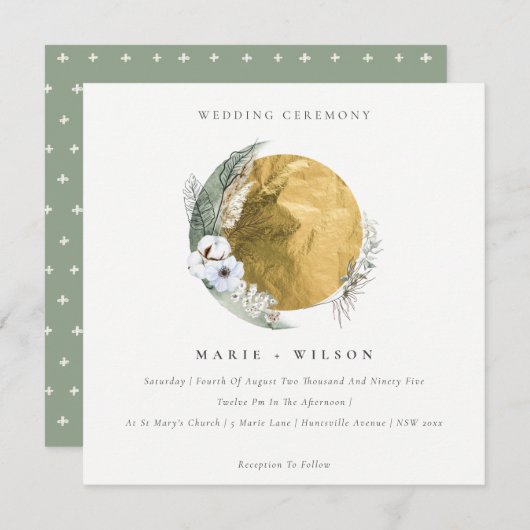Boho Gold Saga Green Floral Wreath Wedding Invite Bedankkaart (Voorkant / Achterkant)