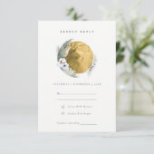 Boho Gold Saga Green Floral Wreath Wedding RSVP Informatiekaartje (Staand voorkant)