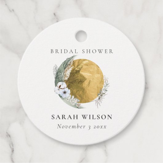 Boho Gold Saga Groene Bloemenkrans Bruidsdouche Bedankjes Labels (Voorkant)
