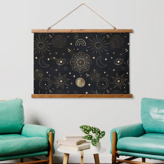 Boho Gold Space doodles Black Design Hangend Wandkleed (Woonkamer)