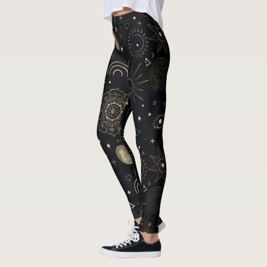 Boho Gold Space doodles Black Design Leggings (Links)