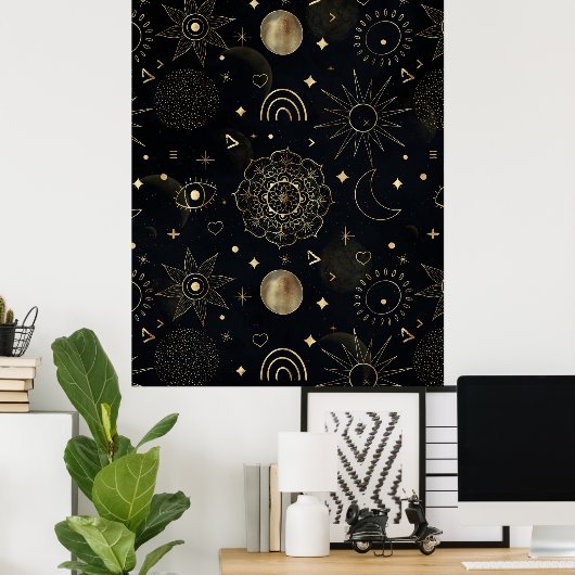 Boho Gold Space doodles Black Design Poster (Thuiskantoor)