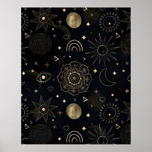 Boho Gold Space doodles Black Design Poster (Voorkant)