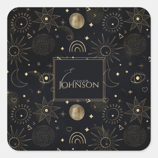 Boho Gold Space doodles Black Design Vierkante Sticker (Voorkant)